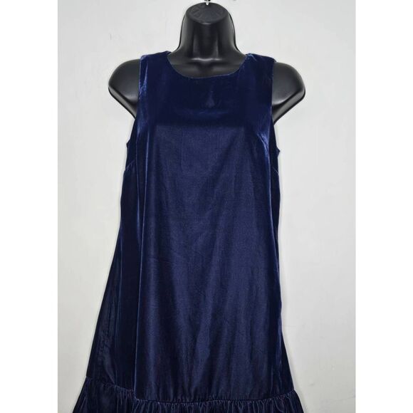 J. Crew Dress Size 2 Blue Velvet Ruffle Hem Sleeveless Party Holiday - Picture 2 of 8